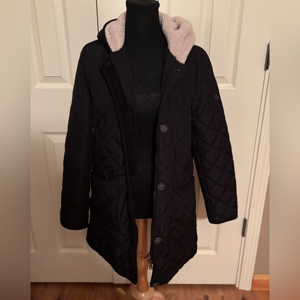 RALPH LAUREN WOMENS HOODED BLACK QUILTED JACKET SIZE S